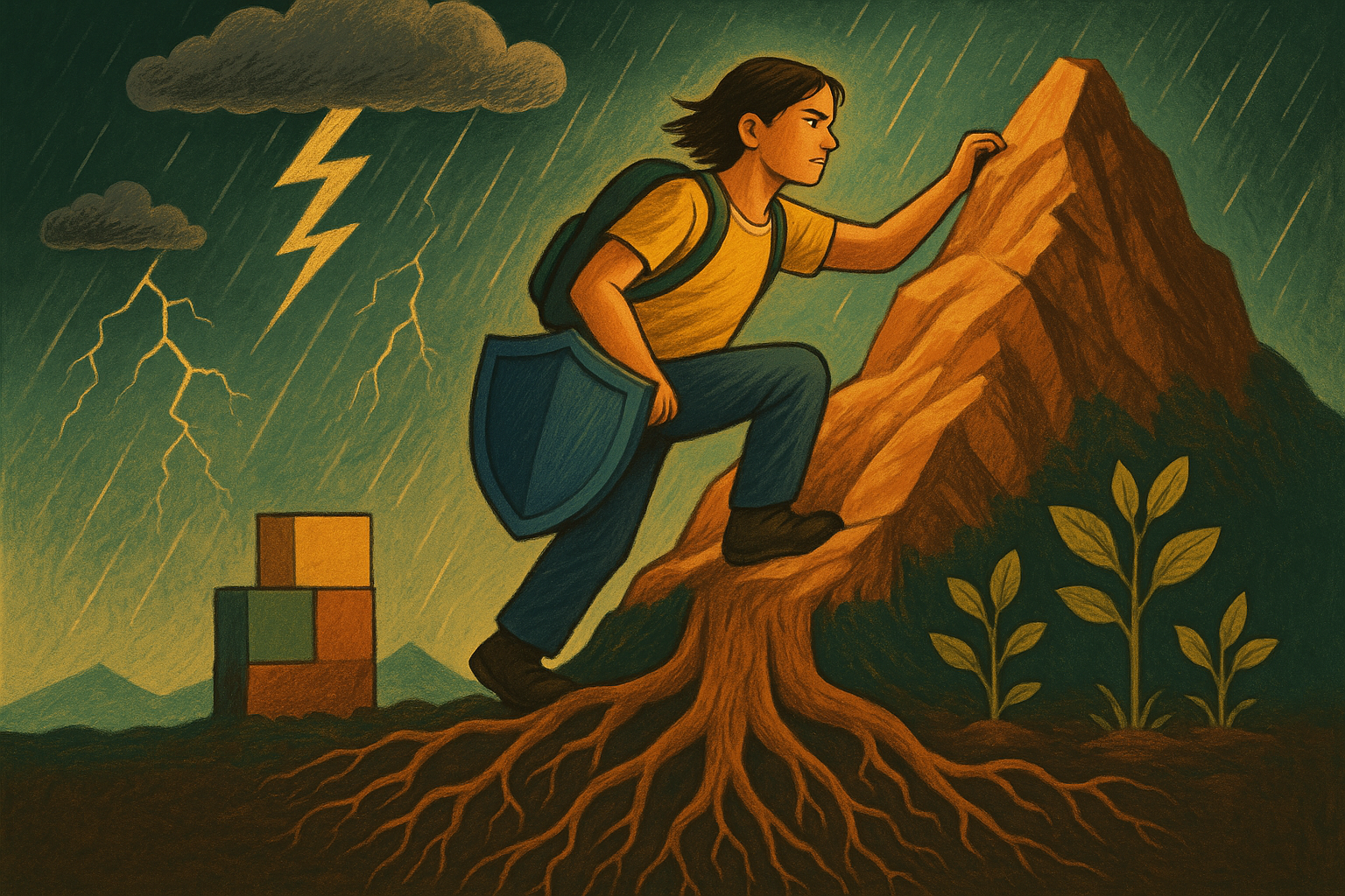 Teen depicted as strong tree with deep roots weathering storm, symbolizing emotional resilience and strength building in anxiety management