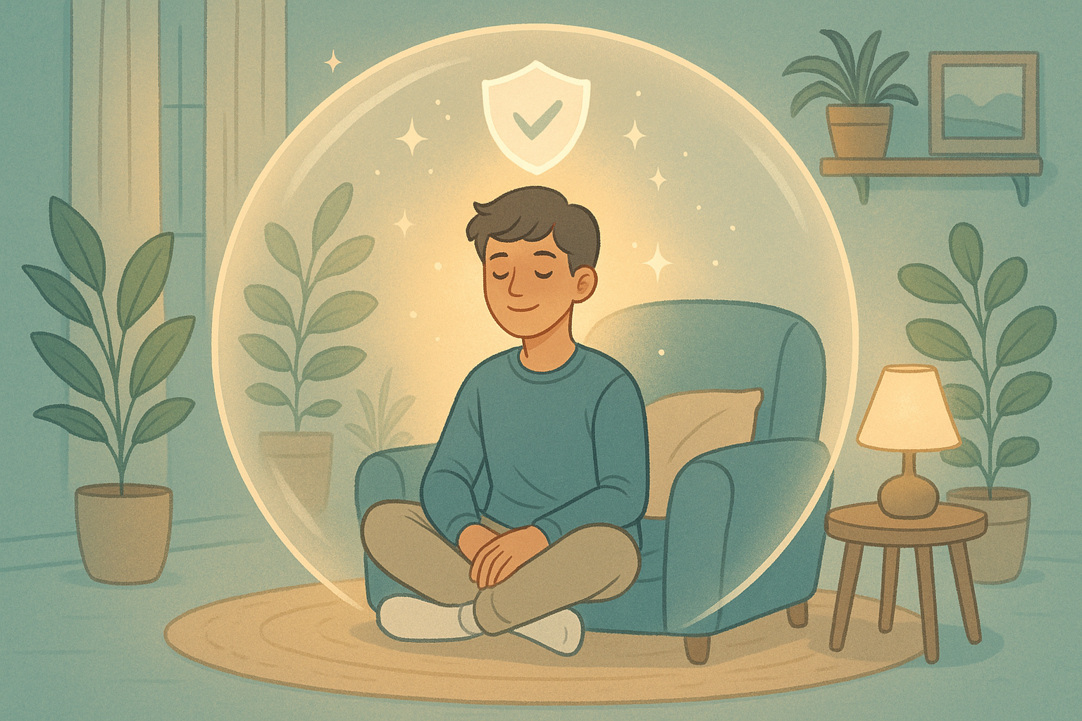 Comfortable, calming environment with soft lighting and cozy elements creating anxiety-friendly safe space for relaxed teenager