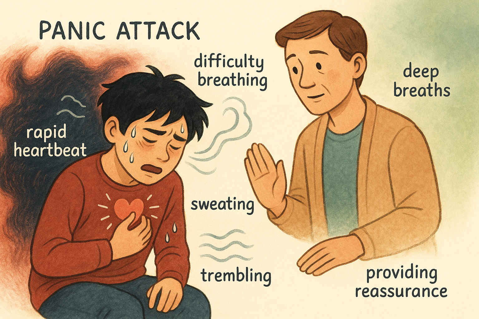 Teenager experiencing panic attack symptoms with supportive adult demonstrating immediate response techniques and calming strategies in emergency crisis moment of anxiety.